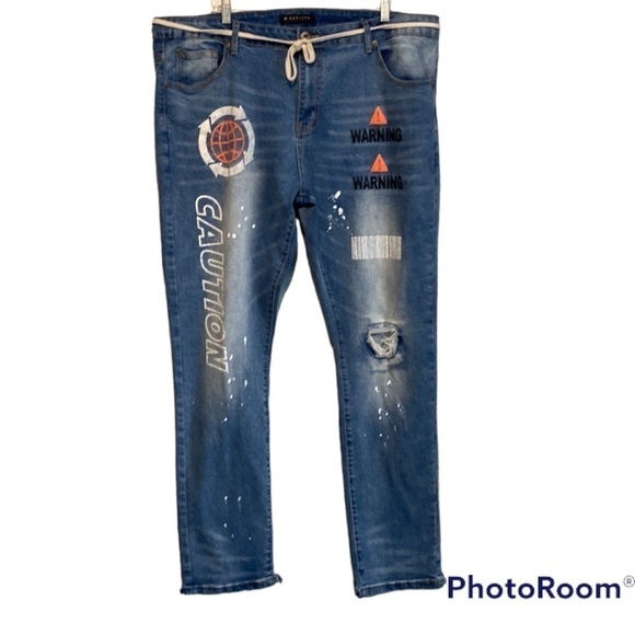 M society Mens Graphic Slim Jeans With Drawstring Waist Cord | 42x32 - Picture 1 of 12